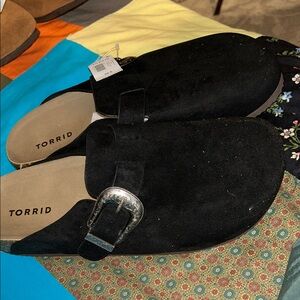 Torrid Black Suede Mules with Silver Buckle